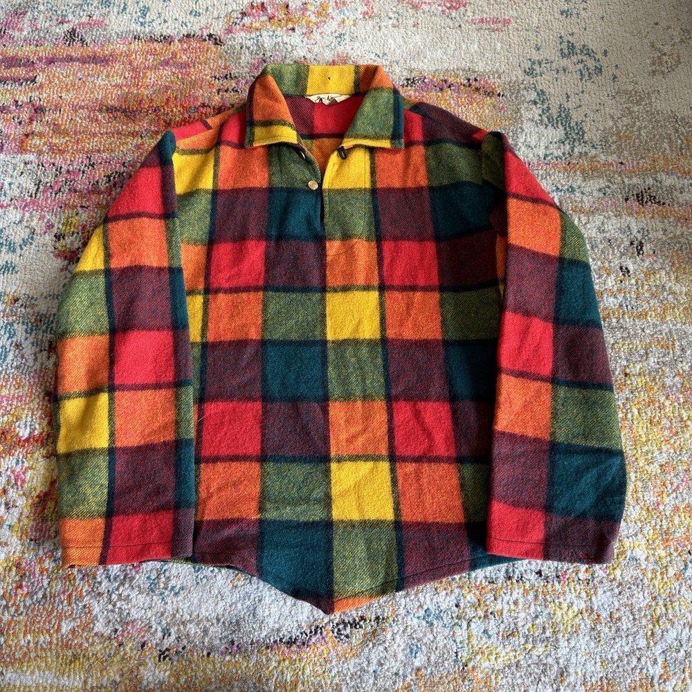 Vintage 50s/60s Fox Knapp Plaid Wool Pullover Shirt Jacket Size Large